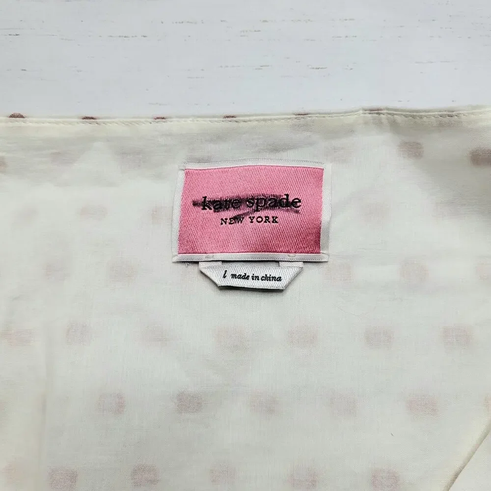 Kate Spade Puff Sleeve Polka Dot Mini Dress V Neck White Pink Tie Cotton Large